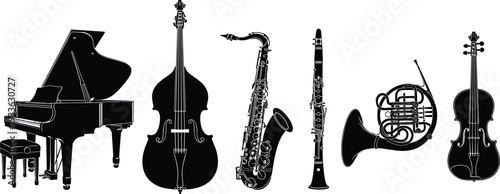Classical musical instruments silhouettes collection isolated on white background, piano, double bass, saxophone, clarinet, french horn and violin vector illustration set