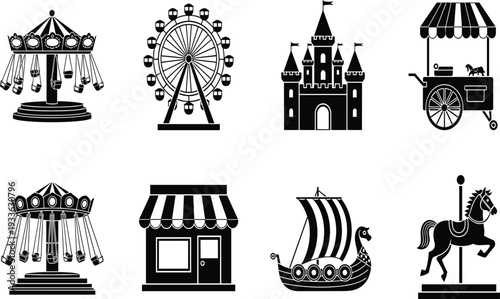 Collection of amusement park silhouettes featuring a ferris wheel swing ride carnival game stall fairy tale castle viking ship and carousel horse icons