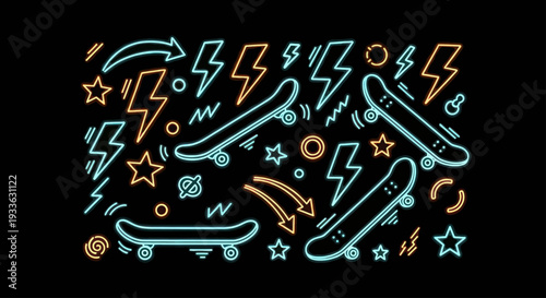 Neon Skateboards and Lightning Bolts Doodle Art.