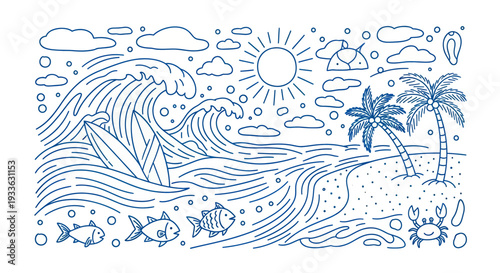 Ocean Waves Crashing on Sandy Beach with Tropical Palm Trees and Marine Life.