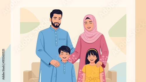 Happy Muslim family with two children in modern home