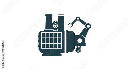 Industrial automation factory with robotic arm and machinery.