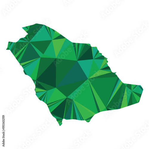 A polygonal vector map of Saudi Arabia in smooth green gradients, designed with modern geometric shapes.
