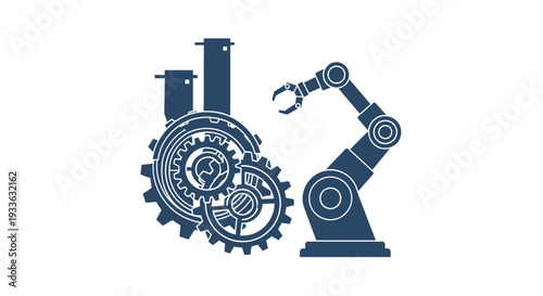 Industrial robot arm and gears symbolizing automation and manufacturing.