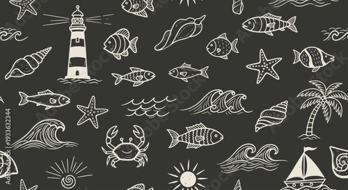 Seamless pattern with hand drawn marine elements on dark background.