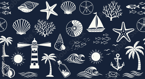 Seamless pattern with hand-drawn marine elements, including seashells, starfish, lighthouse, and palm trees.