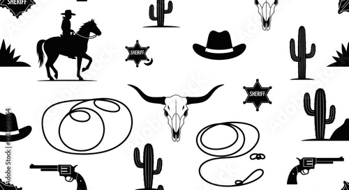 Seamless Western Pattern with Cowboy, Cactus, and Skull Elements.