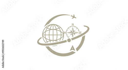 Global Travel and Navigation Compass Icon with Airplane.