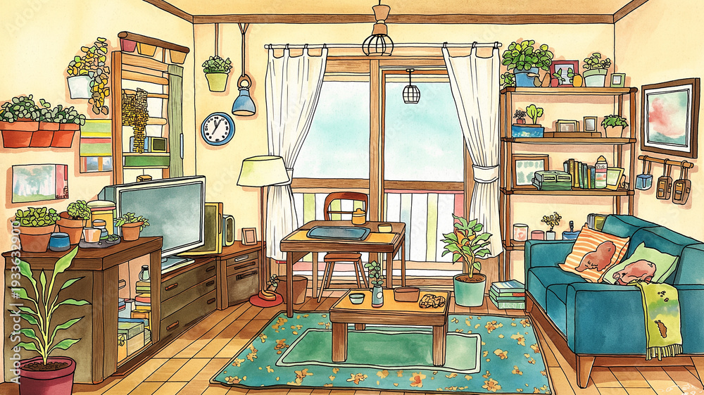 Fototapeta premium 植物と家具が調和したリビングルームを描いた水彩イラスト、ソファやテーブル、本棚が配置された温もりある室内、北欧風インテリア、丁寧な暮らし、在宅ワーク背景として使えるデザイン素材