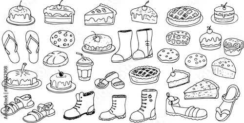 Hand-Drawn Doodle Collage of Shoes, Cakes, Pies, Cookies, and Smoothies on White Background