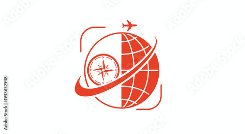 Global Travel and Navigation Compass Icon with Airplane.