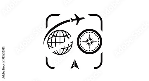 Global travel and navigation icon with airplane and compass.