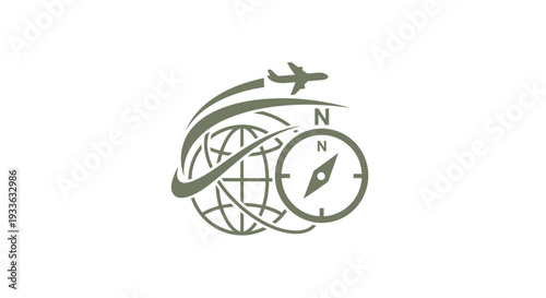 Global Travel and Navigation Compass Icon with Airplane.