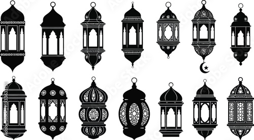 Collection of twelve intricate black silhouettes representing traditional hanging Arabic lanterns used for festive illumination.