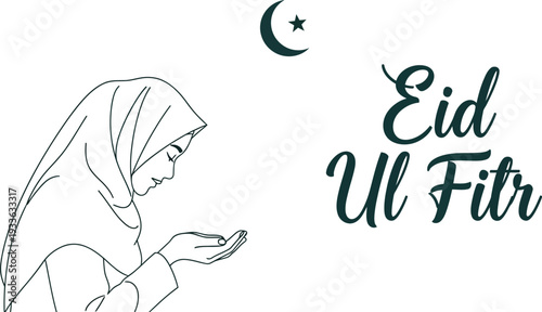 Muslim woman wearing a hijab prays with cupped hands next to simple black text announcing Eid Ul Fitr.