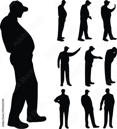 PrintOverweight man silhouette collection, obese male body poses set isolated on white background vector illustration