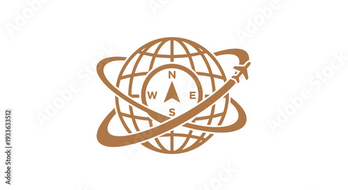 Global Travel and Navigation Compass Icon with Airplane Orbiting.