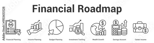 Financial Roadmap web banner icon set vector illustration concept for business with icon of Financial Planning, Income Planning, Budget Planning, Investment Tracking, Wealth Growth, Savings Accou.