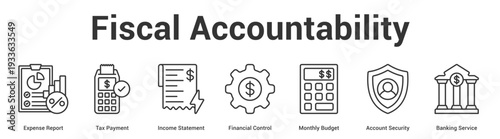 Fiscal Accountability web banner icon set vector illustration concept for business with icon of Expense Report, Tax Payment, Income Statement, Financial Control, Monthly Budget, Account Securi.