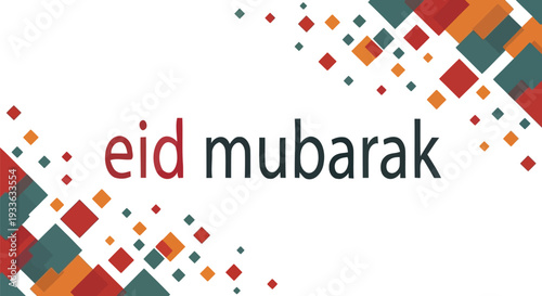Modern graphic banner design featuring scattered colorful geometric squares framing the phrase Eid Mubarak text.