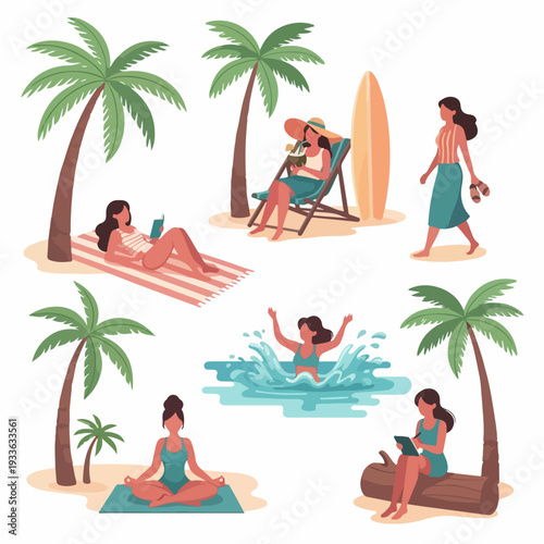 Women enjoying various summer beach activities and relaxation under tropical palm trees.