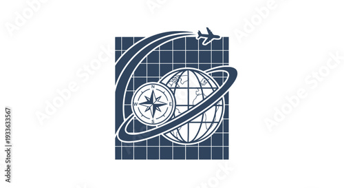 Global Travel and Navigation Compass Icon with Airplane.