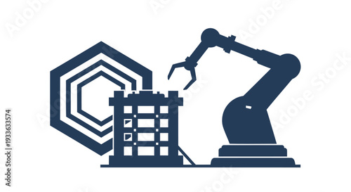 Industrial robot arm assembling a futuristic building structure.