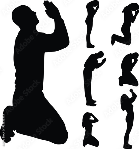 PrintPraying man silhouette collection, Muslim prayer poses set, kneeling worshipper isolated on white background vector illustration