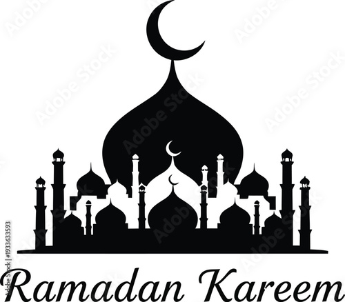 A serene silhouette of a mosque with a crescent moon above, symbolizing Ramadan Kareem