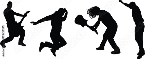 PrintSilhouette musicians playing guitar, dancers moving, energetic live performance, music concert scene, festive entertainment, dynamic artistic illustration