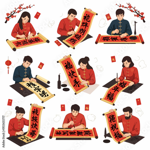 Chinese New Year Celebration: Diverse individuals practice traditional calligraphy, writing festive blessings and couplets on red scrolls, embodying cultural customs and good fortune wishes.