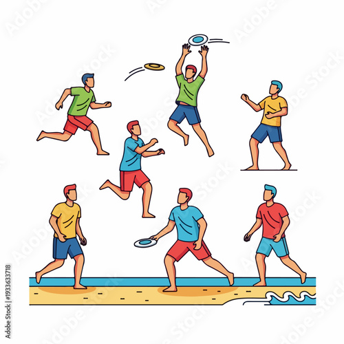 Active men enjoying a game of frisbee on the beach, highlighting summer fun, sport, and outdoor leisure activities by the ocean.