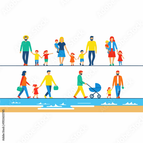 Diverse families and parents walking with children in a colorful, flat design illustration, depicting various family structures and outdoor activities like strolling by the water.