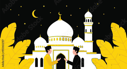 Two men in traditional caps greet each other in front of a white mosque illuminated against a dark starry night background.