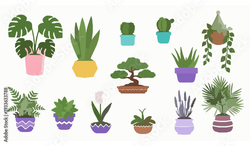 Cute indoor houseplant cartoon vector set with decorative pots and colorful botanical designs