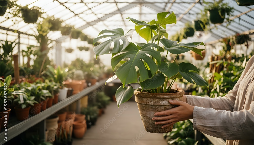 Obraz premium A shopper holding a plant in a garden center, exploring lush greenery and vibrant nature for a horticulture lifestyle concept