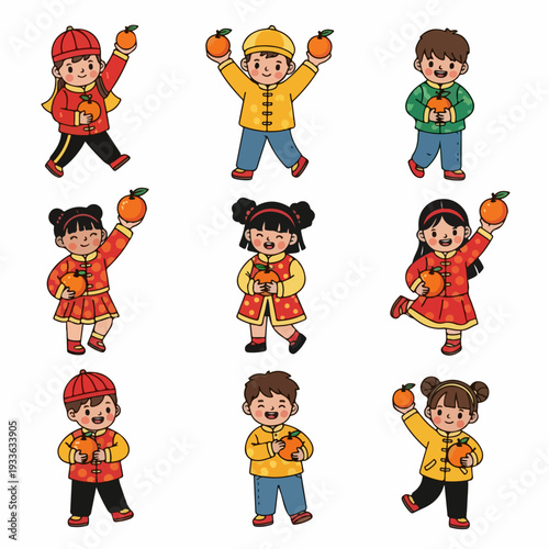 Cute Cartoon Children in Traditional Chinese Attire Holding Oranges for Lunar New Year Celebration