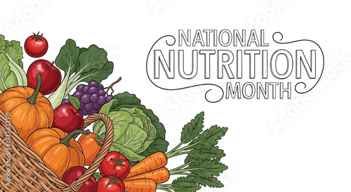 Vector illustration of a wicker basket overflowing with fresh vegetables and fruits for National Nutrition Month, promoting healthy eating and balanced lifestyle.