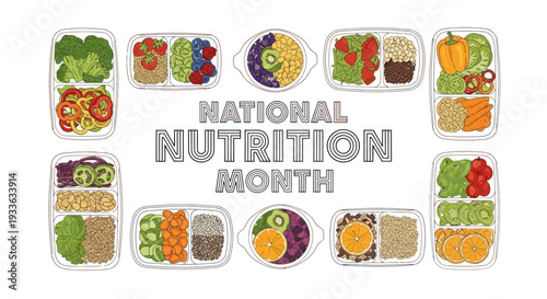 National Nutrition Month design featuring various healthy food icons arranged around the title on a white background.