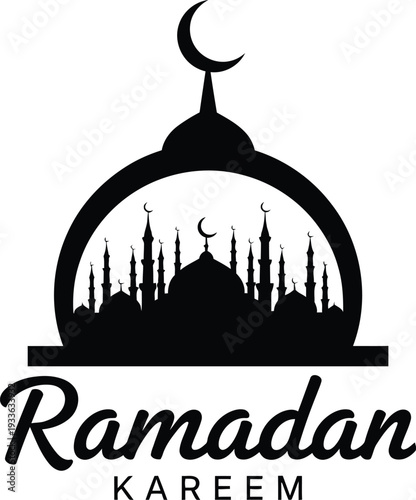 Silhouette of Mosque with Minarets and Crescent Moon Symbolizing Ramadan Celebration