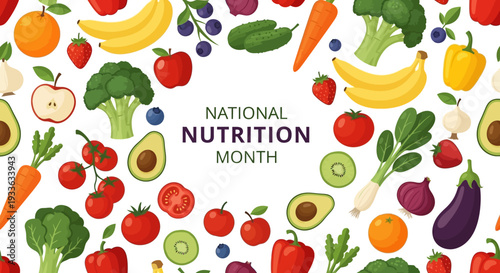 A colorful illustration of various fruits and vegetables for National Nutrition Month with a white background.