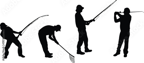 PrintSilhouette of four people fishing, casting rod, using net, reeling catch, outdoor activity, hobby, sport, recreation scene