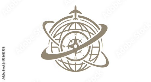 Global Travel and Tourism Emblem with Airplane and Compass.