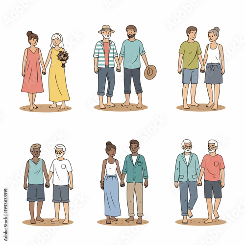 Illustrated Diverse Couples Holding Hands, Symbolizing Love, Inclusion, and Connection Across Generations and Backgrounds on Sand.