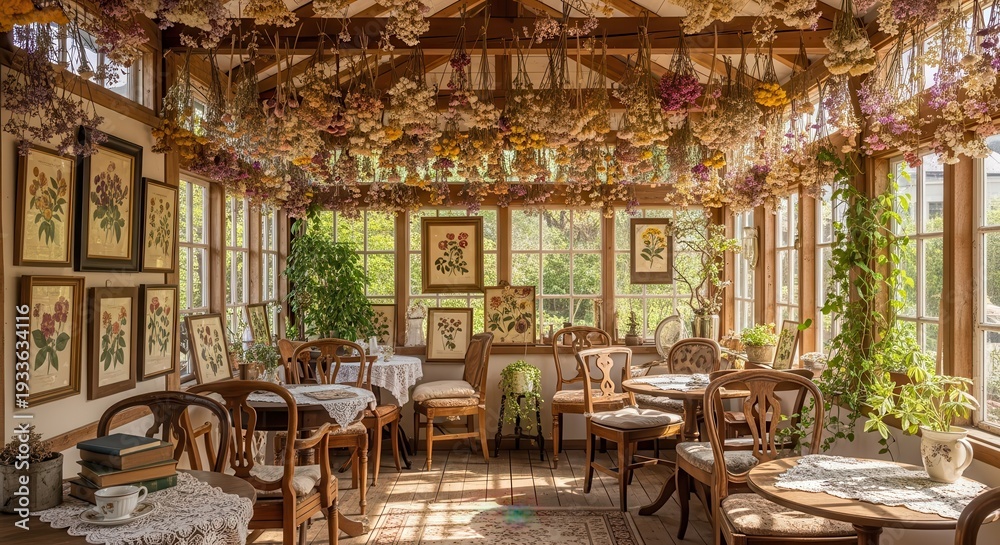Fototapeta premium Sunlight streams into a room adorned with numerous hanging dried flowers and botanical artwork