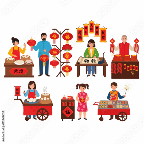 Diverse Chinese New Year Festival Activities: Food Stalls, Lanterns, Calligraphy, and Fireworks