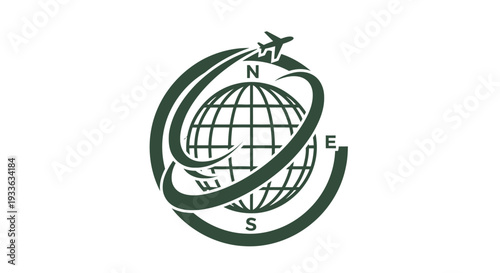 Global Travel and Tourism Emblem with Airplane and Compass.