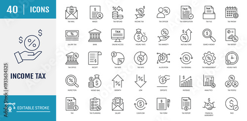 Income tax icon set. Includes tax amnesty, finance, economy, savings, investment, and more. Outline Icon Set. Vector illustration with Editable stroke