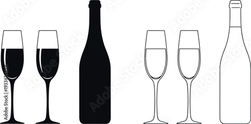 Wine Bottle and Glass Icon Set with Red and White Wine Silhouettes in Solid and Outline Styles for Bar and Restaurant Design