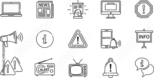 Alert and Notification Icon Set with Warning, Info, Megaphone, Siren, News, and Bell Symbols for Communication and Safety Design